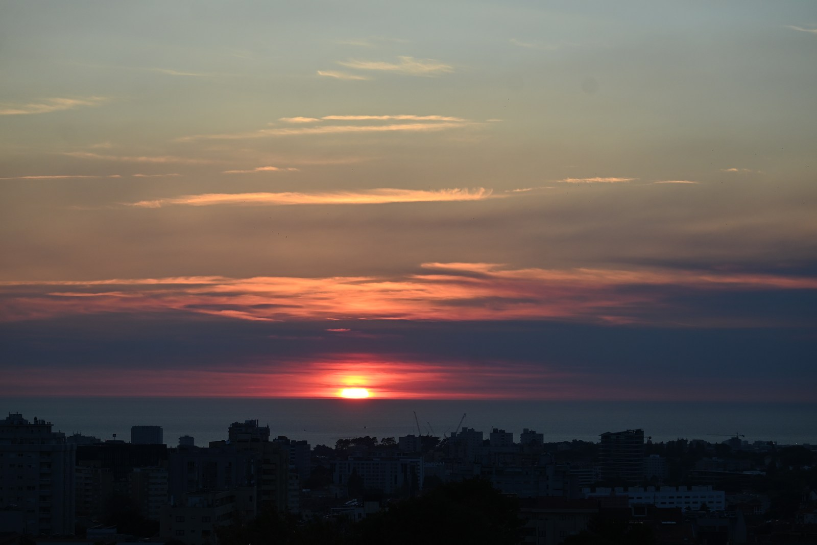 calm, city, coast, landscape, muted colours, silhouette, warm light