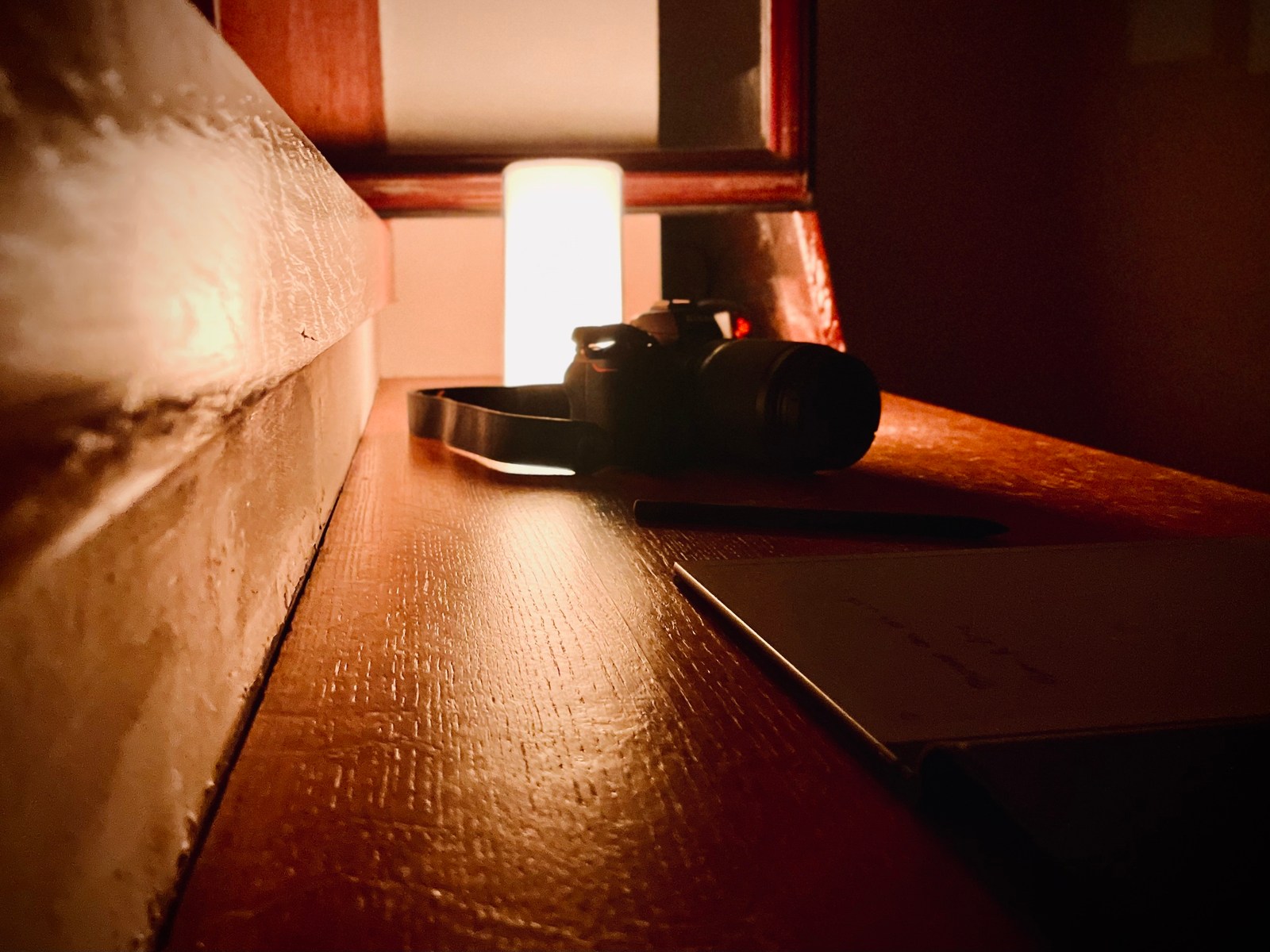 calm, camera, lamp, notebook, solitude, texture, warm light