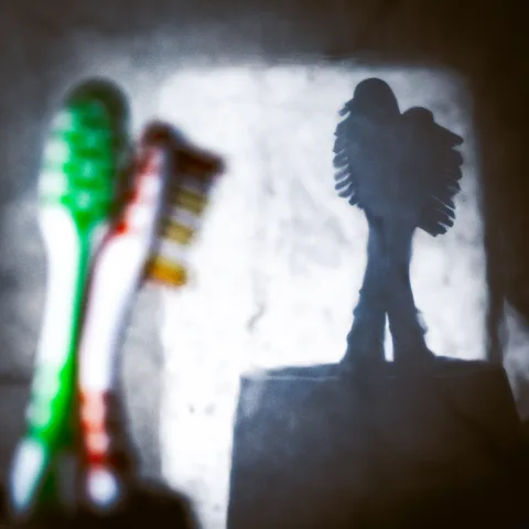 calm, muted colours, silhouette, texture, toothbrushes