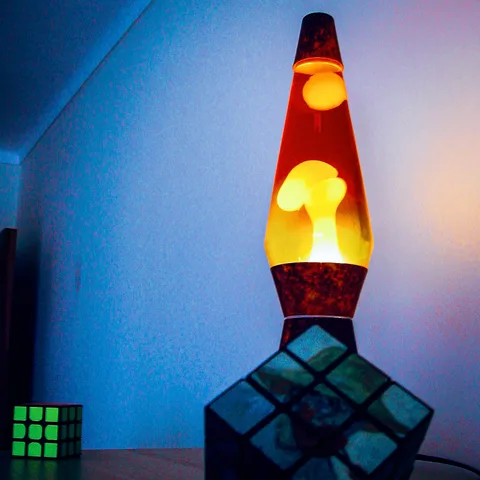 calm, interior, lava lamp, rubiks cube, texture, warm light