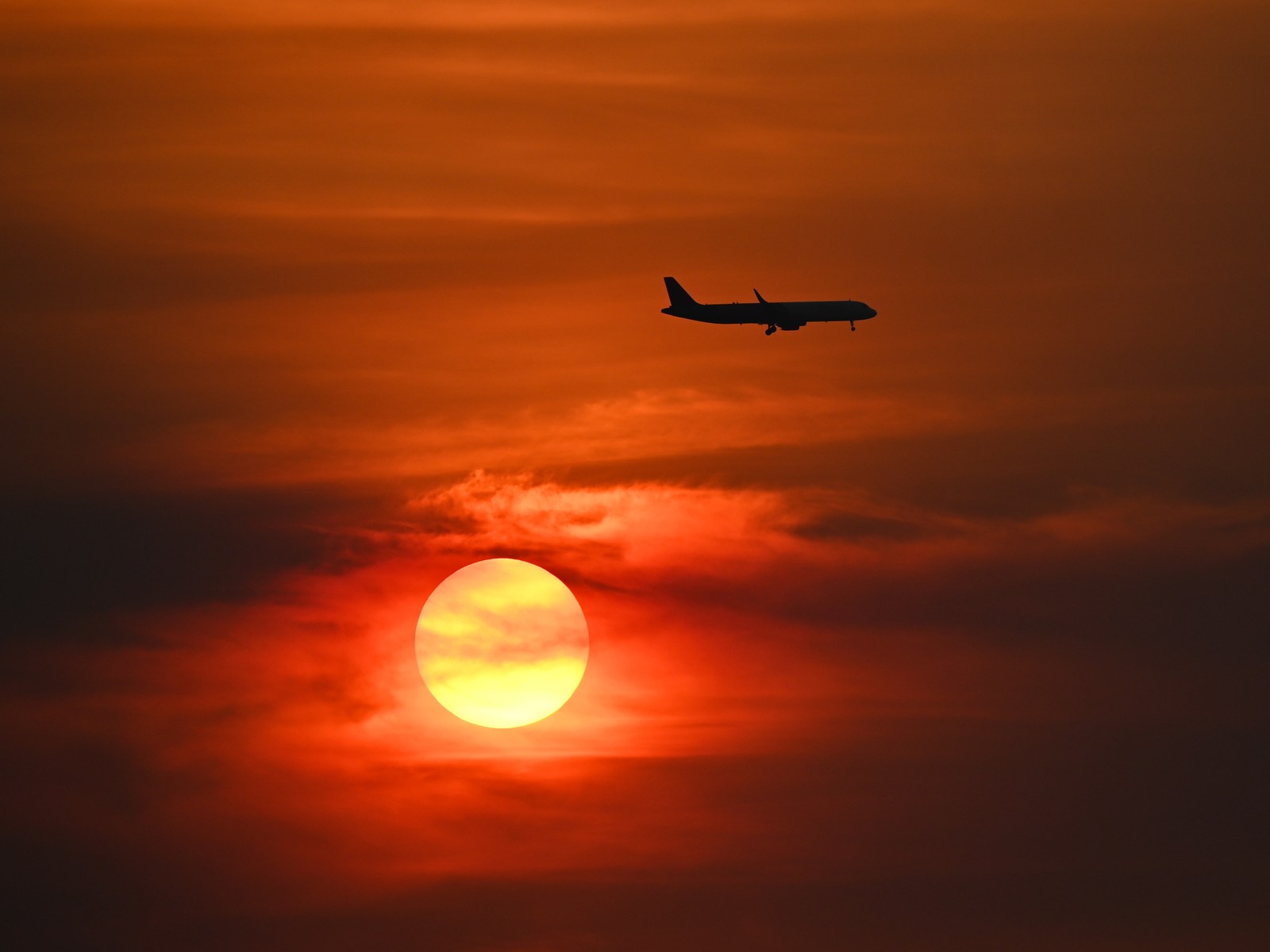 airplane, calm, silhouette, sky, warm light