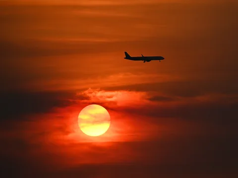 airplane, calm, silhouette, sky, warm light